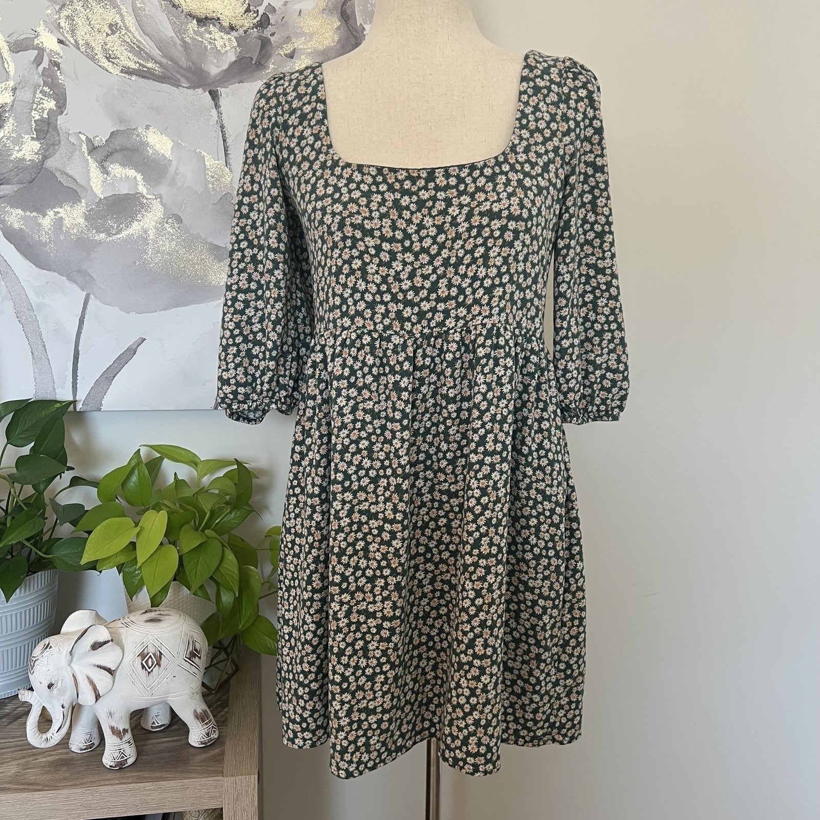 American Eagle Floral Daisy Dress Womens Small Green Square Neck Mini Tassel