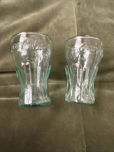 Set Of 2 Vintage Green Glass Coca Cola Coke Glasses 3 1/8" Mini Shot Glasses
