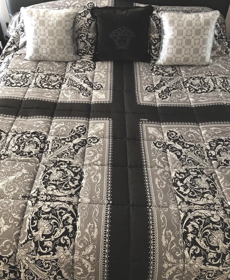 VERSACE King Size Black And Silver Baroque Comforter Silk and Velvet - Image 2 of 4