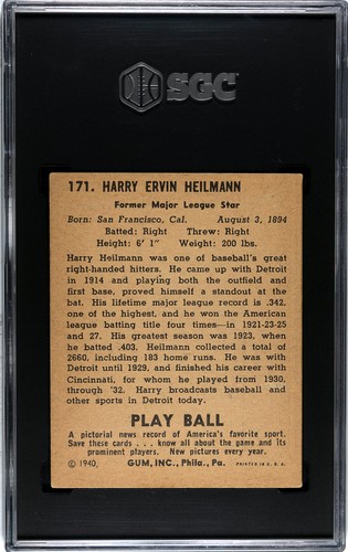 1940 Play Ball Playball # 171 Harry Heilmann Graded SGC 5 EX - Picture 2 of 2