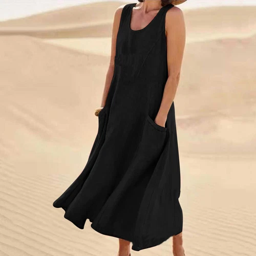 Women's Cotton Linen Maxi Dress Ladies Solid Pockets Sleeveless Summer Sundress - Picture 24 of 34