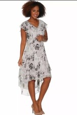 H By Halston Petite Rose Hi Low Dress Size US 14 / UK 18 Gray Black Floral Party