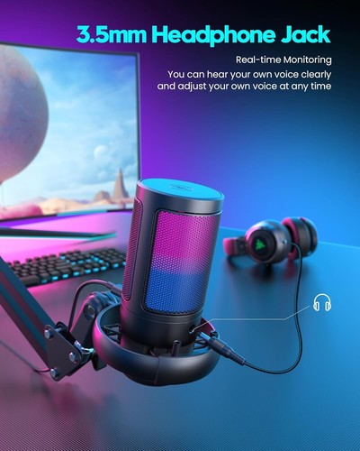 Microphone USB Gaming pour PC : Micro à condensateur d'ordinateur avec bras de flèche - Enregistrement A - Photo 6/8