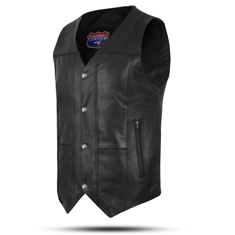 Men's Black Classic V-Neck Leather Motorcycle Vest | Biker Rider Apparel & Gear - Image 4 of 4