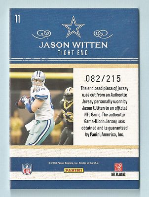 JASON WITTEN 2010 CLASSICS DRESS CODE GAME JERSEY # 85/215 COWBOYS