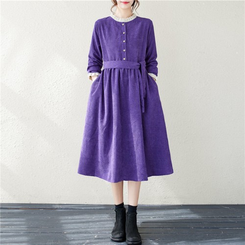 Women Retro Corduroy A-line Dress Ruffles Long Sleeve Midi Splice Dress Casual - Picture 3 of 13