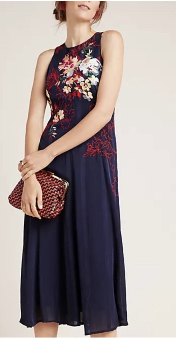 Anthropologie Dress Sz 12 Tanzine Navy Blue Floral Embroidered Midi  Sleeveless