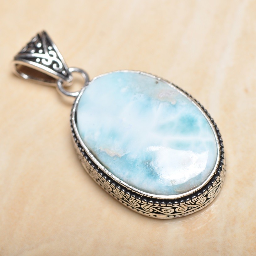Pendentif Larimar Bleu Fait Main - Argent 925 - 1,75 Pouces - Bijou Naturel Unique #P16099
