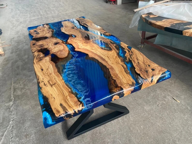 Live Edge Dining Table Top | Blue Epoxy Table | Natural Olive Wood Epoxy Wood-image