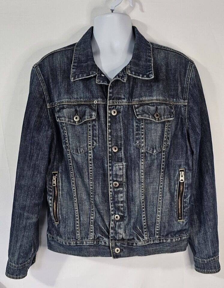 Vintage Hilfiger Red Label Blue Denim Jean Jacket Mens Large Zipper Pockets
