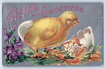 1909 Easter Greetings Hatched Egg Little Chicks Wheat Flowers Embossed Postcard