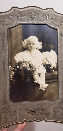 Antique Wedding Photo Flower Girl Baby 4x6 Cardboard Frame 1920's Milwaukee - Picture 5 of 12