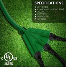 50 Ft Extension Cord with 3 Outlets.