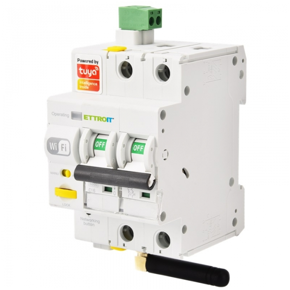Magnetotermico Smart WiFi Tuya, 2P, 3 moduli, 230Vac, 16A, 6KA riarmo automatico