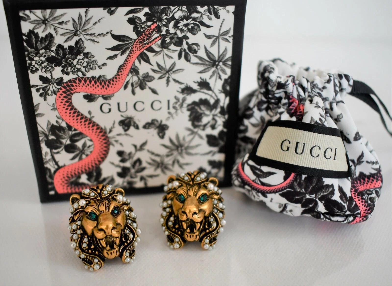 ️ Boucles d'oreilles authentiques GUCCI anciennes ton or LION HEAD CLIP ON avec perles