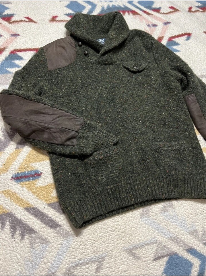 Polo Ralph Lauren Sweater Shawl Hand Knit RRL Suede Patchwork Wool