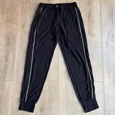 ME EM Track Pants Joggers Cuffed Drawstring Size 12 Black With Green Side Stripe