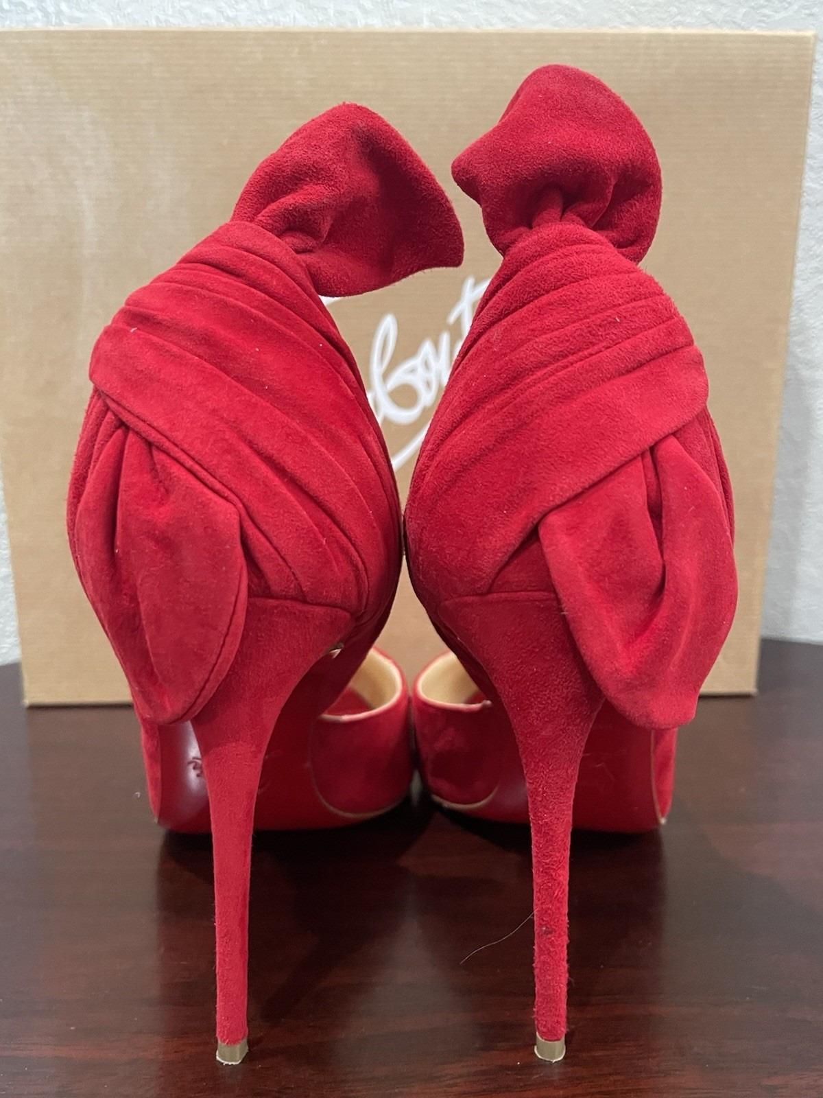 Cristian Louboutin Peep Toe Heels Red Suede Leather Women's Size 39 Barbara 100 image 4