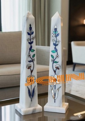 18'' two pcs white Marble Obelisk inlay lapis room home bed room decor arts work