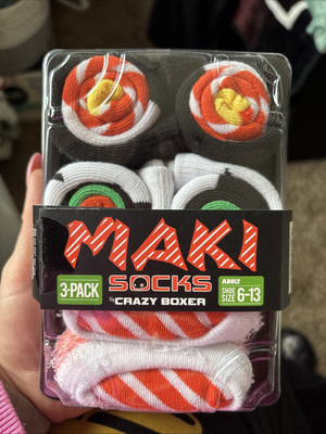 Sushi Maki Socks, 3 Pairs Funny Socks for Men and Women Holiday Gift Socks 6-13