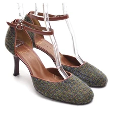 Ladies Japonica Ankle Strap Pumps 38 / 7.5 Tweed Round Toe High Heel Shoes Japan