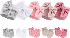 BQUBO Newborn Baby Girls Hats Mittens Set Hospital Hat Beanie Infant Bow Hats Ba