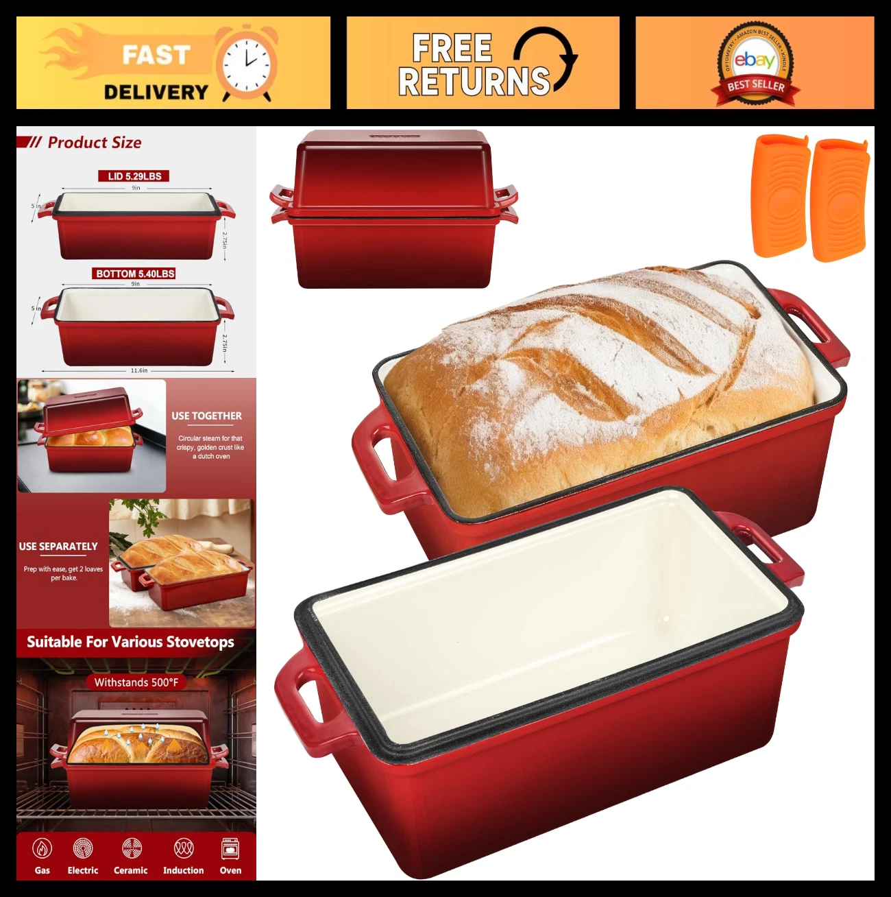 Enameled Cast Iron Bread Loaf Pan with Lid, 9x5 Sourdough Baking Set, Even Heati