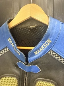 Vintage Maakson Racing Motorcycle Leather Jacket Black Blue Armor Size L / XL