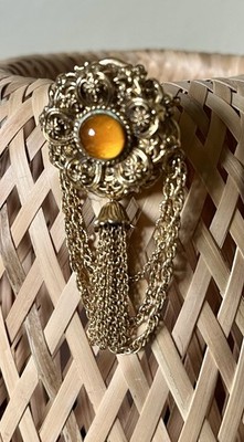 Vintage C est Bien Brooch Pin Amber Chain Flower Gold Plate Signed