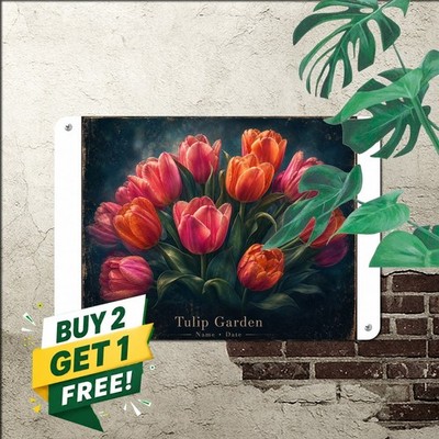 Pink Orange Tulip Bouquet Tin Sign Vintage Painterly Floral Wall Art 8x12