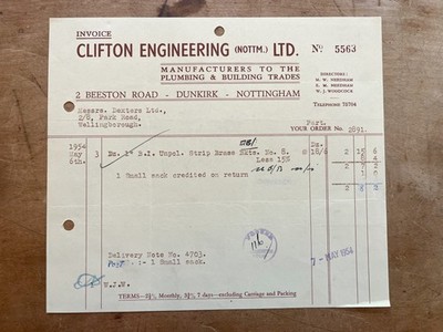 1954 Rechnung Clifton Engineering Sanitär Dünkirchen