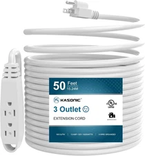 K KASONIC - 50-Feet 3 Outlet Extension Cord, UL Listed, 16/3 50 FT, White 