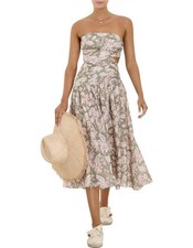 ZIMMERMANN- 1 (AU 10/US 6)-LYRE WRAP TIE SIDE CUT OUT KHAKI FLORAL MIDI DRESS