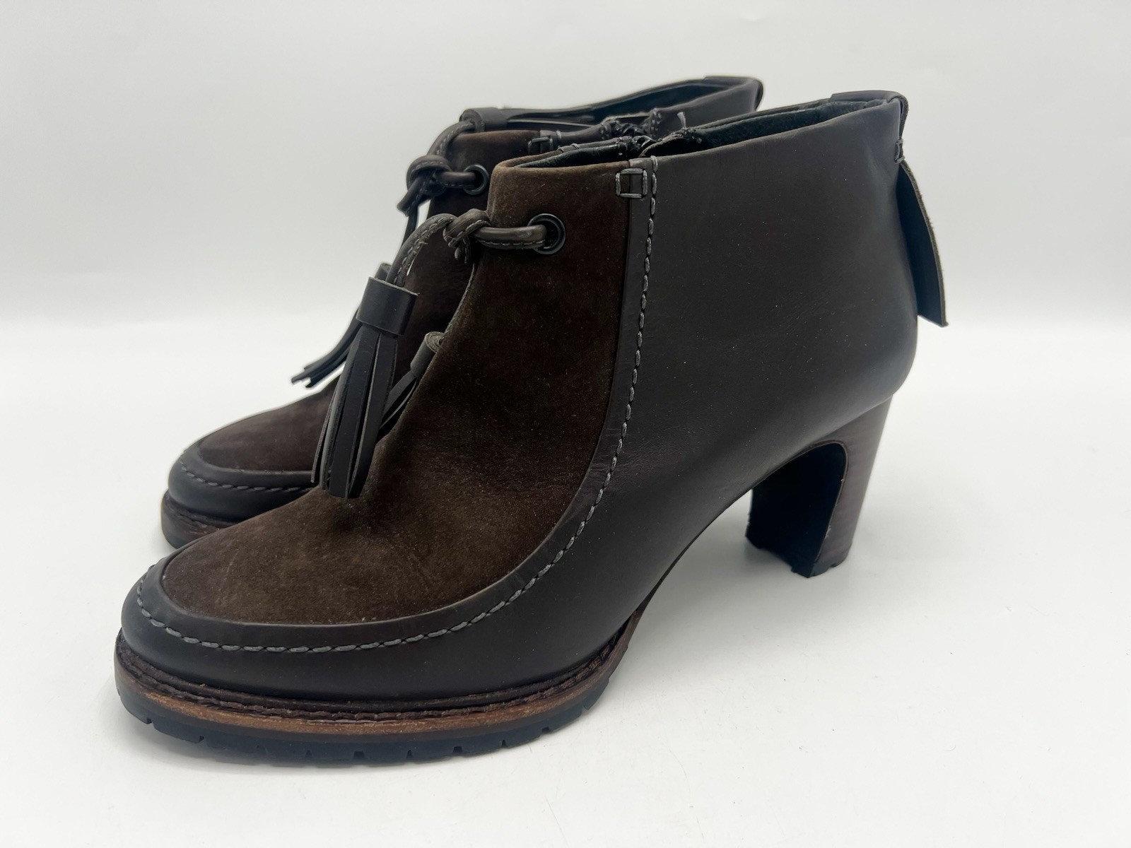 Camper Brown Suede Leather Tassel Moc Toe Heeled Ankle Boots EU 38 UK 5
