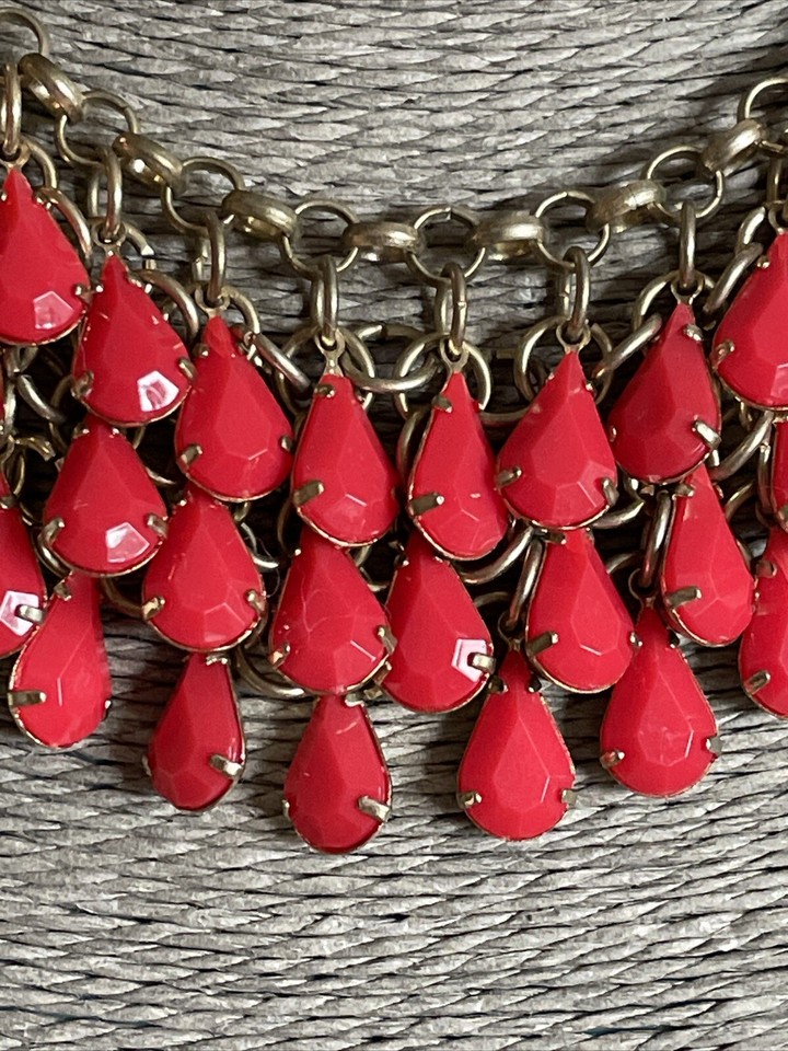 Gold Tone Red Bead Drop Collar Necklace eBay