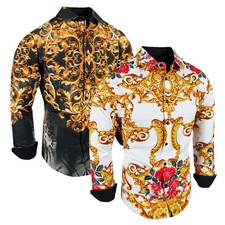 Men Luxury Shirt Floral Gold Leaf Prints Stretch Slim Fit Button Up Club Casual
