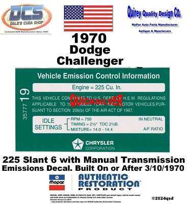 1970 Challenger 225 Slant 6 Manual Transmission Emissions Decal 3577719 USA