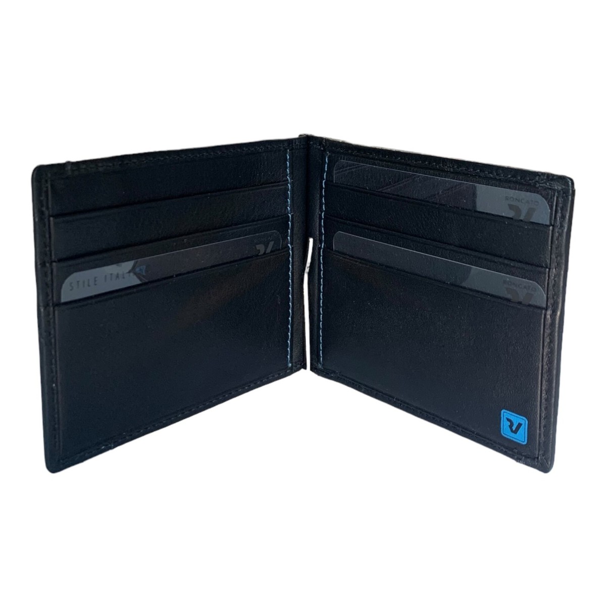 Roncato portafoglio pelle uomo, fermasoldi con portamonete nero