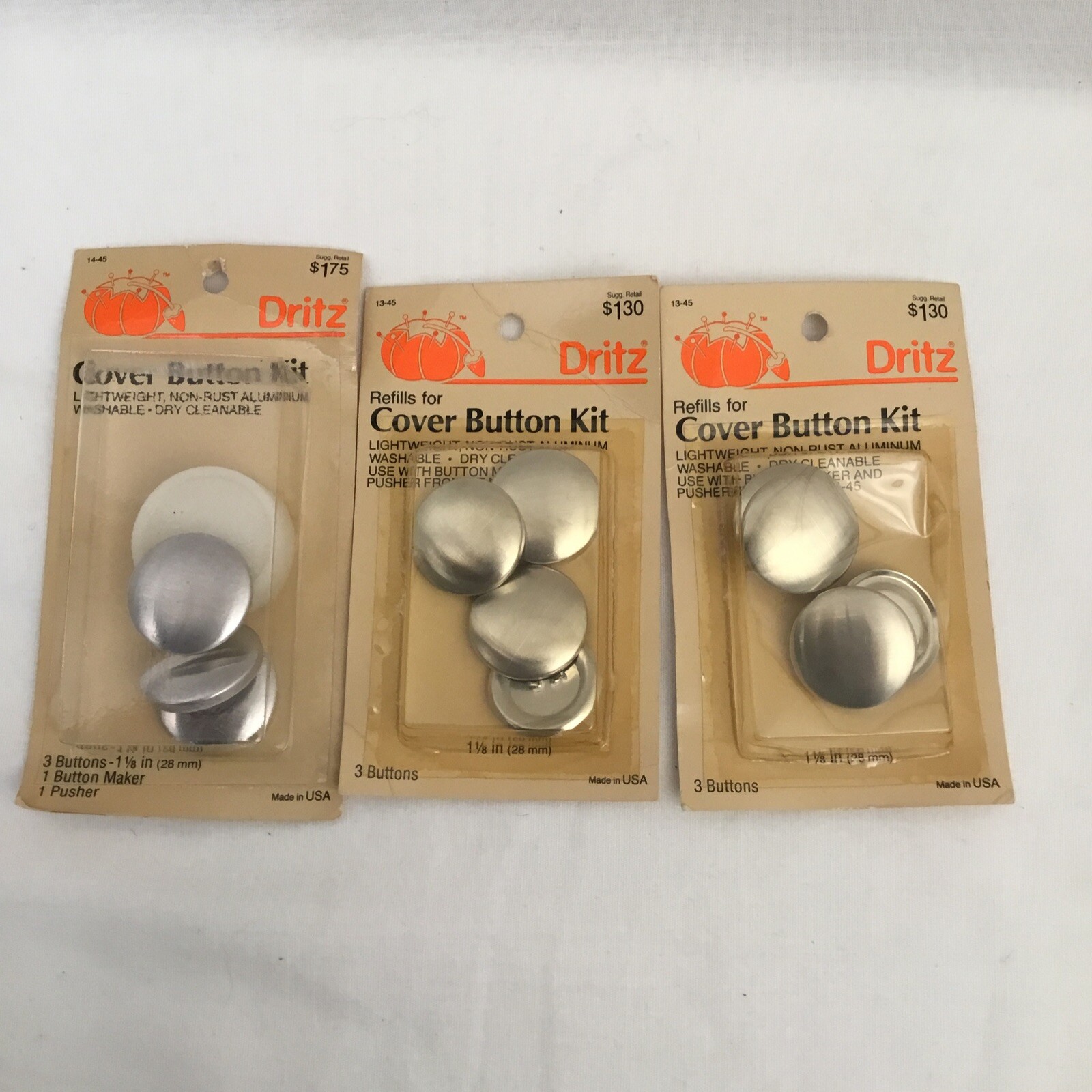 Cover Button Kit #14 And 2 Refills 1 1/8"  Aluminum 9 Total Buttons NEW SEALED!