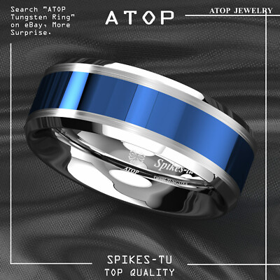 8mm Tungsten Carbide Ring Blue Center silver Brushed Edge Band Ring Mens Jewelry