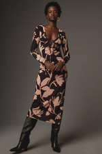 NEW Anthropologie Keyhole Long-Sleeve Printed Midi Dress Size S