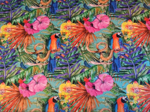 Printed velour velvet upholstery fabric 355g/m2 Parrots Laguna Blue HALF METER - Picture 7 of 7