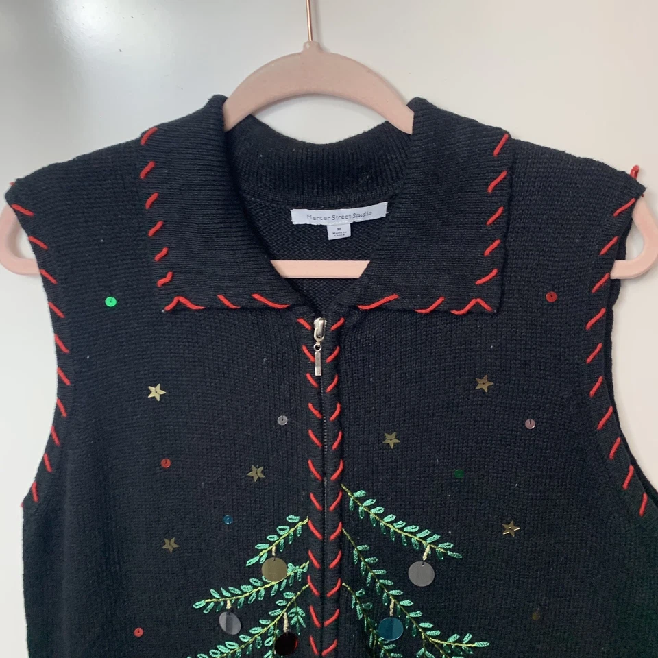 Mercer Street Studio Mujer Cremallera Completa Navidad Suéter Chaleco Talla Mediana Negro Foto 2 de 4