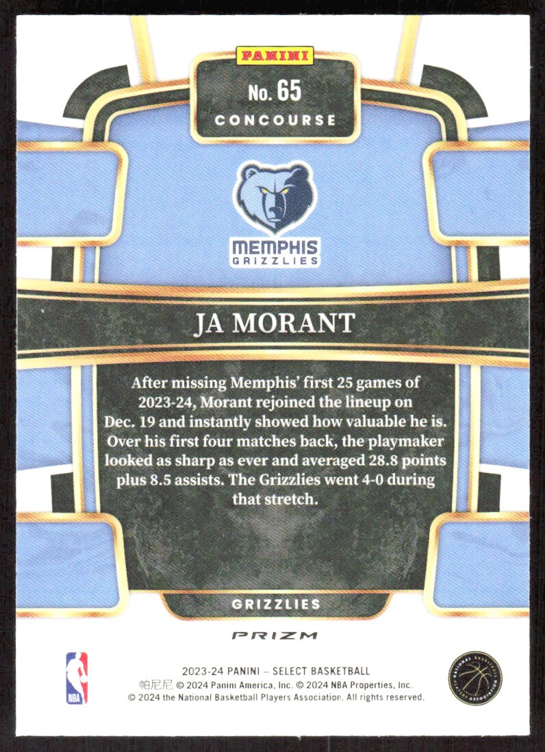 2023-24 7288C Panini Select TECTONIC PRIZM Ja Morant Memphis