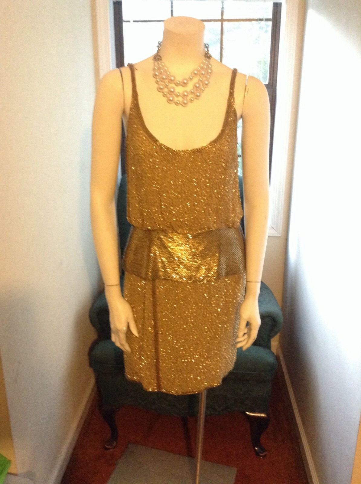 Tootsies Gold Beaded Spaghetti Strap Cocktail Dress Gem