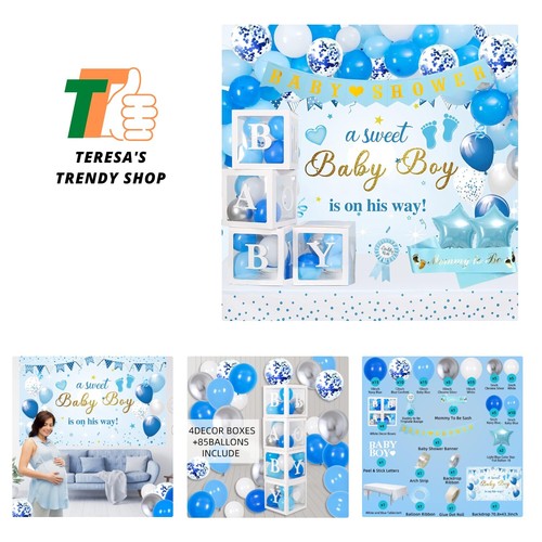 Baby Shower Decorations for Boy, Blue Baby Party Decor Kit with Balloons Boxe...