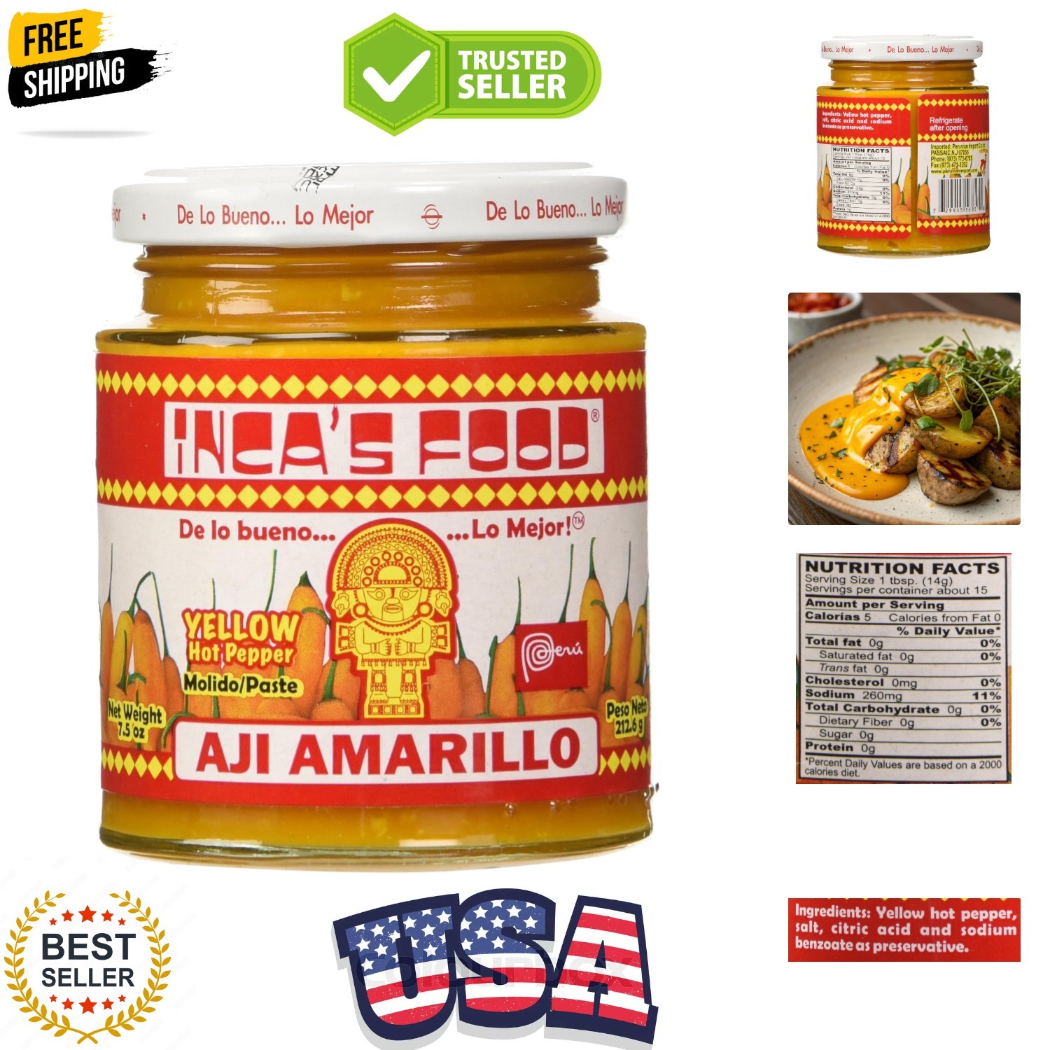 Pasta de ají amarillo - Pasta de pimienta amarilla caliente, tarro de 7,5 OZ - Producto de Perú