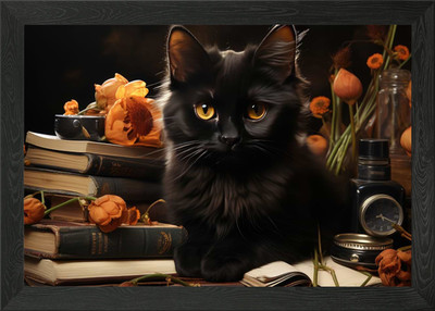 Niedliche schwarze Katze und Blumen gerahmtes Wandbild Poster Leinwanddruck Bild