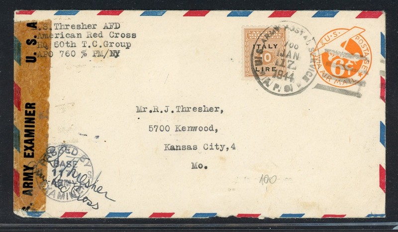 AMG-SICILY Postal History LOT #4 JAN 1944 10L UPRATED PSE APO 760 KANSAS CITY $