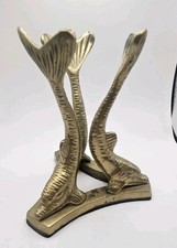 Vintage Solid Brass 3 Dolphin Statue Plant Stand Pedestal Orb Ball Holder